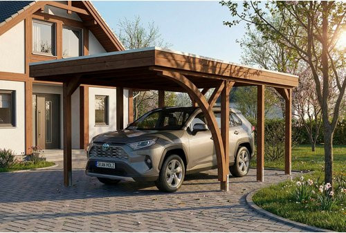 SKANHOLZ Carport Friesland aus Fichte mit Einfahrtsbogen und Flachdach in Nussbaum, B: 320 cm, T: 555 cm - Bild 1