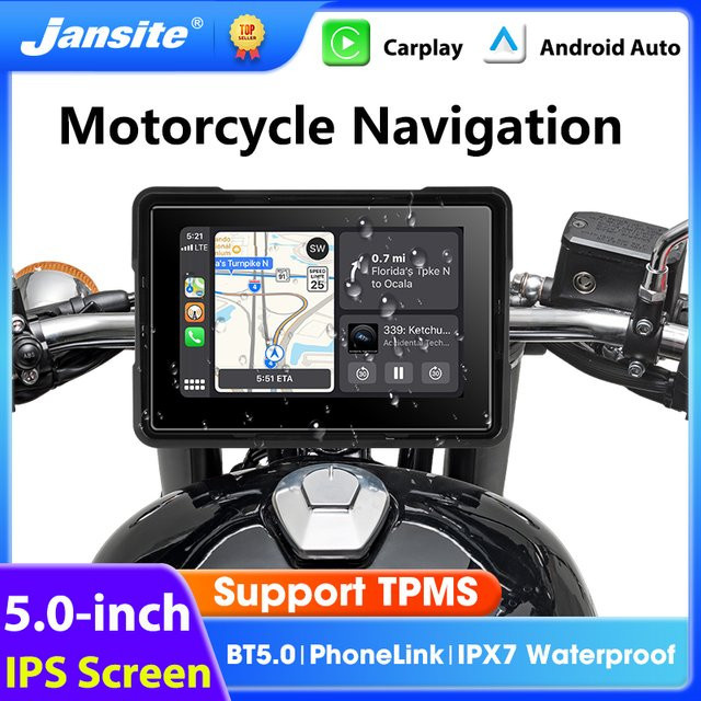 Jansite 5 Zoll Motorrad-Navigationssystem mit GPS, Wireless CarPlay & Android Auto, Bluetooth 5.0 und IPX7 wasserdichtem Touchscreen in Schwarz - Bild 1