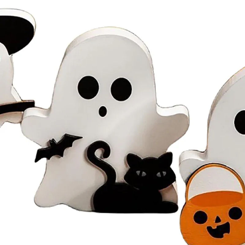 3er Set Halloween Deko aus Holz mit Geistern, Schwarzer Katze, Fledermaus und Hexe von OutsideWorld in Weiß und Schwarz - Bild 3