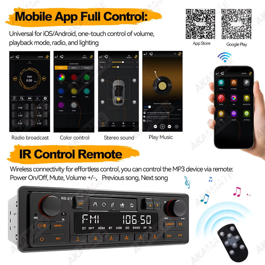 AKAMATE Din MP3 Autoradio im Retro-Stil mit Bluetooth 5.1, AUX, FM/AM/RDS, USB und Sprachsteuerung in Schwarz - Bild 5