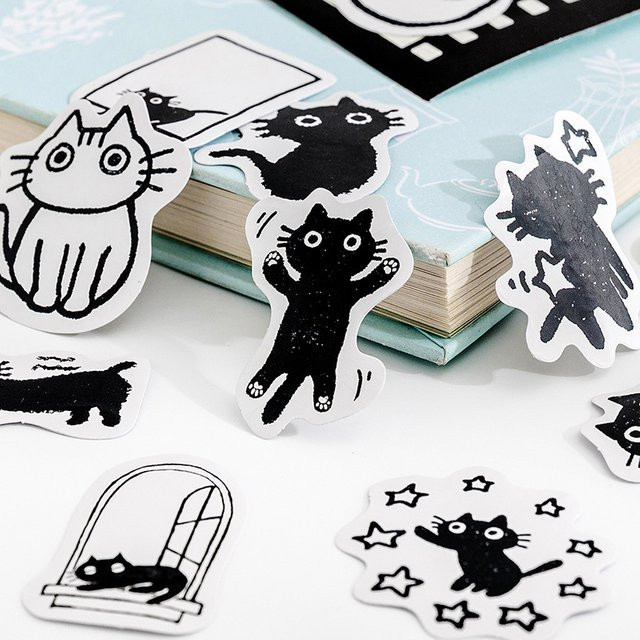 45 Stück schwarze Katzen-Aufkleber im Kawaii-Design für Scrapbooking, Laptop und Planer - Bild 1