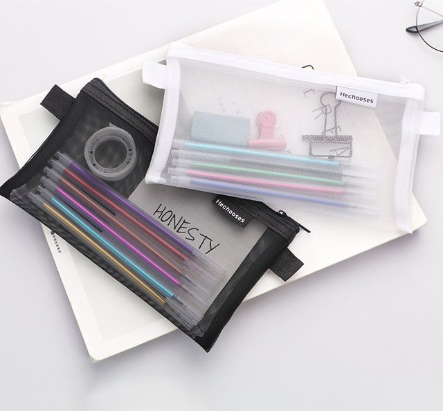 Multifunktionale Mesh-Feder Mäppchen mit Reißverschluss in Schwarz zur Aufbewahrung von Schreibwaren, Kosmetik und Reisezubehör - Bild 1