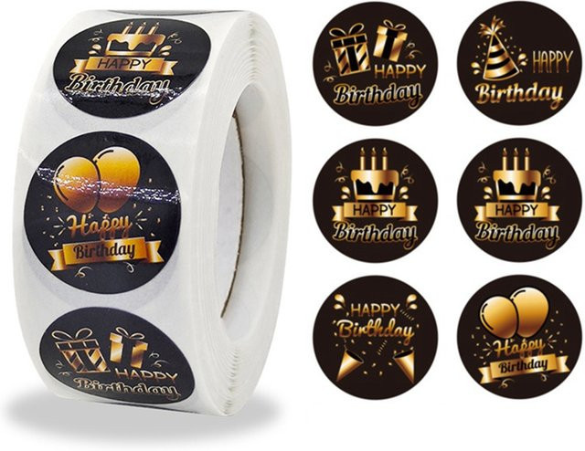 TYFYO Happy Birthday Aufkleber in Schwarz und Gold, runde Papieraufkleber für Geschenktüten, Karten und Schreibwaren, 100 Stück - Bild 1