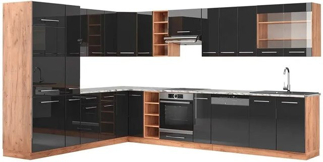 Vicco Fame-Line Eckküche in Anthrazit Hochglanz und Goldkraft Eiche, B/T/H: 347 x 257 x 82 cm - Bild 1