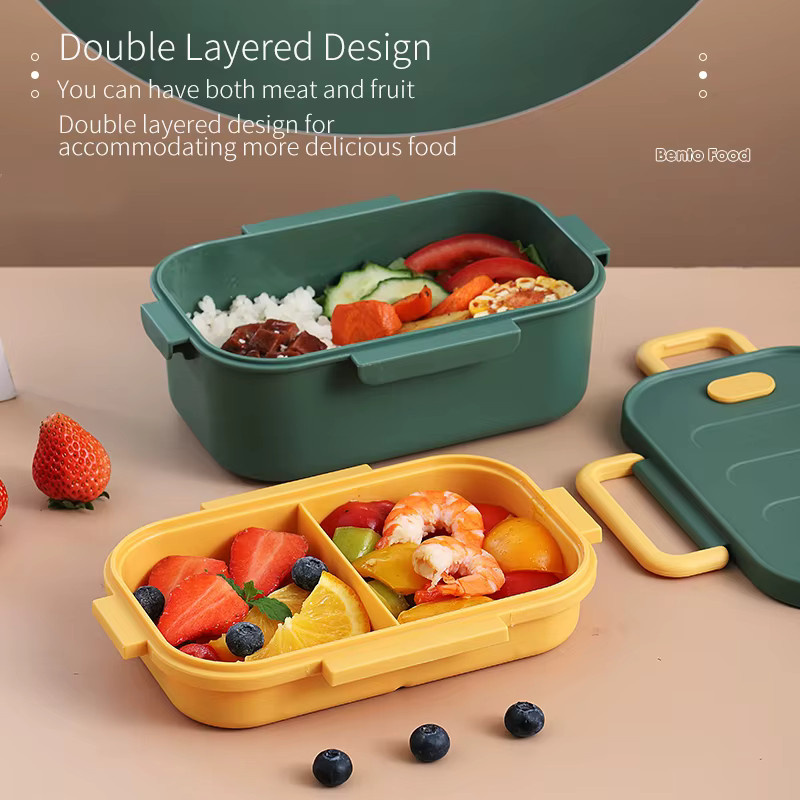 Tragbare 2-Schicht Bento Box Lunchbox mit Trennfächern, Gelb, 1000 ml - Bild 2