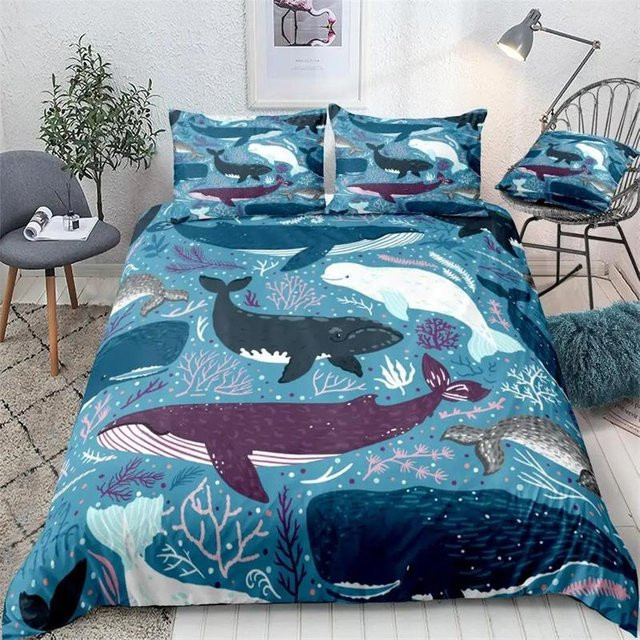 Binchi Fitness Bettwäsche-Set mit Blauwal-Motiv und Streifen, Mikrofaser, Blau, B/H: 135 x 200 cm - Bild 1