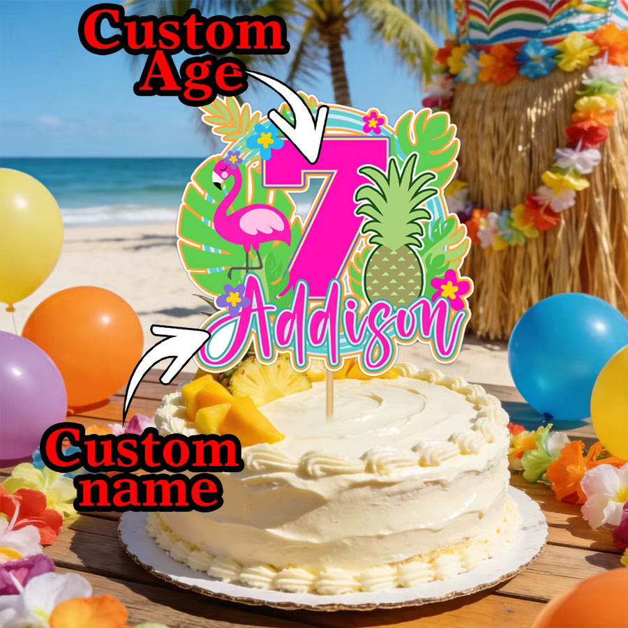 Personalisierte Flamingo Kuchendekoration mit Name und Alter für deine Hawaii-Themenparty, Multicolor, joy-enlife - Bild 3