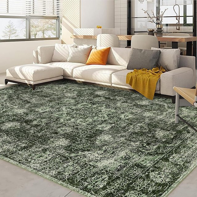 HiMISS Waschbarer Teppich im Retro-Design, Rutschfeste Vintage-Matte in Grün, Rechteckig, Breite: 150 cm, Tiefe: 80 cm - Bild 1