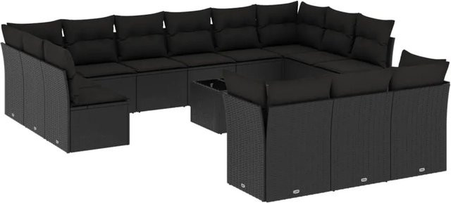 vidaXL 14-tlg Garten-Sofagarnitur in U-Form aus Polyrattan mit Kissen, Schwarz - Bild 1