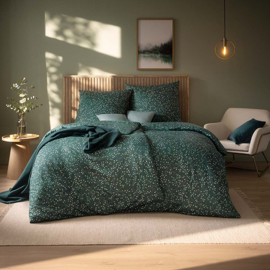 Estella Mako Jersey Bettwäsche Aline Blautanne Blätterrispen Zweige mit Bettbezug und Kissenbezug, Farbe: Blau/Grün, B/H: 135 x 200 cm, Kissen: 80 x 80 cm - Bild 1