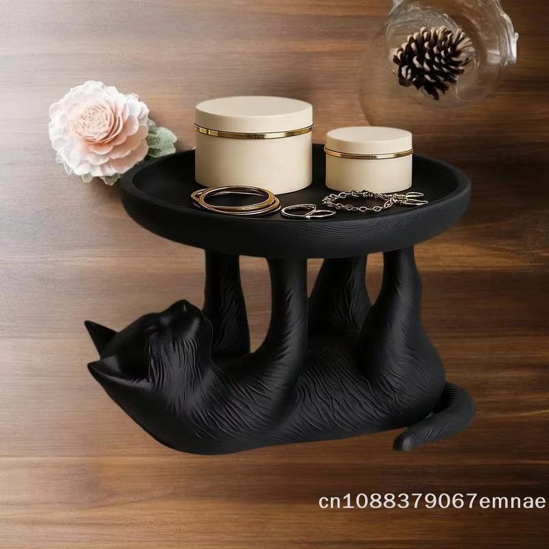 ZYAS Schmucktablett mit Katzen-Design, rundes 3D-gedrucktes Tablett aus Kunststoff, Schwarz - Bild 3