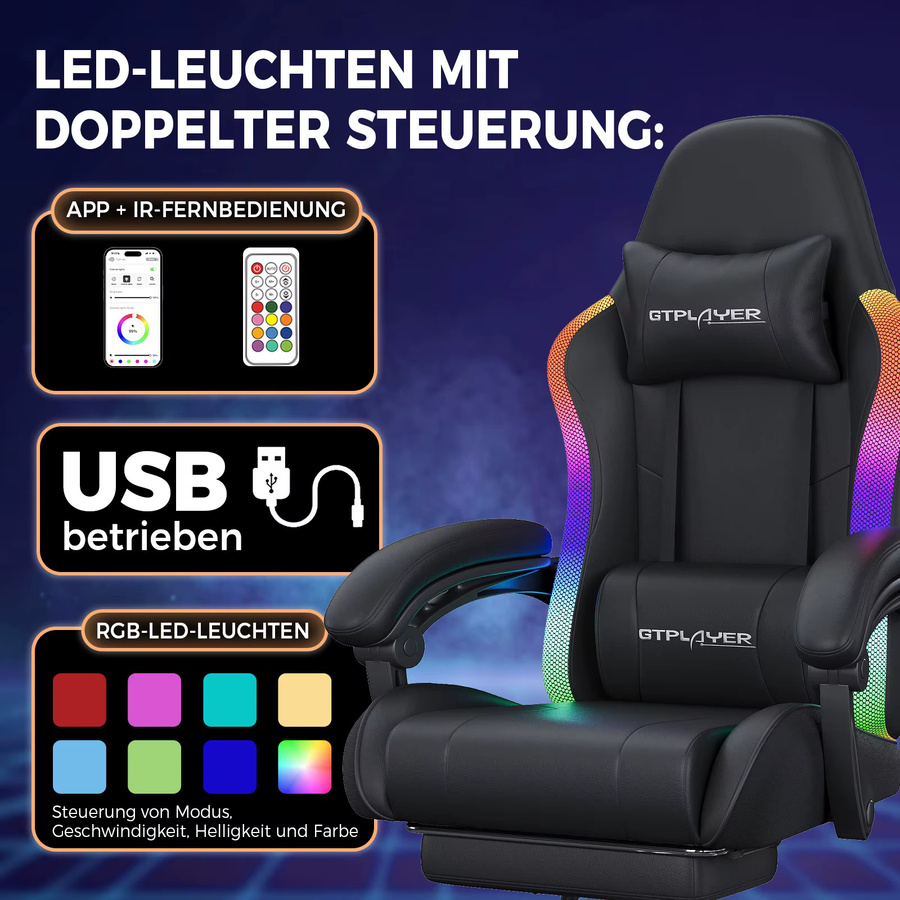 GTPLAYER Gaming Stuhl in Schwarz mit LED-Lichtleiste, Massagefunktion und Aufbewahrungstasche, ergonomischer Gaming Chair aus Kunstleder für Home Office und PC-Gaming - Bild 2