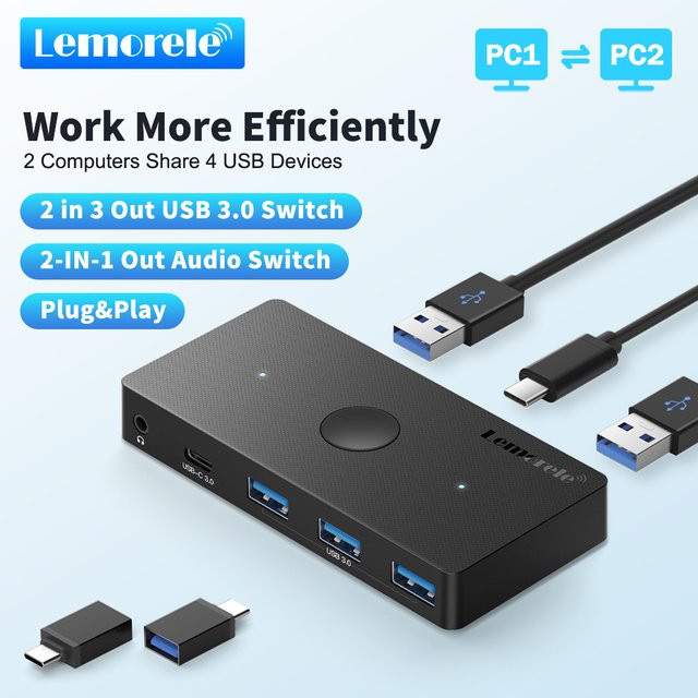 Lemorele USB 3.0 Switch 2 in 5 out Umschalter für Windows Laptop und PC in Schwarz zur Steuerung von Tastatur, Maus und Drucker für 2 PCs und 3 Geräte - Bild 1