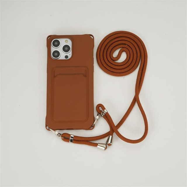 Stoßfeste Lanyard-Hülle für Apple iPhone 15 Pro mit Kartensteckplatz und Crossbody-Halsketten-Riemen in Transparent oder Braun - Bild 1