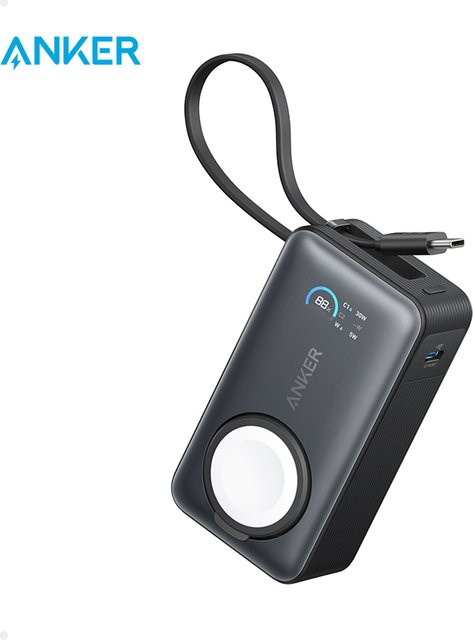 Anker MagGo Powerbank für Apple Watch, 10.000mAh kompaktes Akkupack mit integriertem USB-C-Kabel, 35W, Schwarz - Bild 1