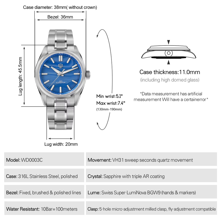 Watchdives Armbanduhr, Quarz, Edelstahl, Blaues Achat Zifferblatt, 38 mm, Herren - Bild 2