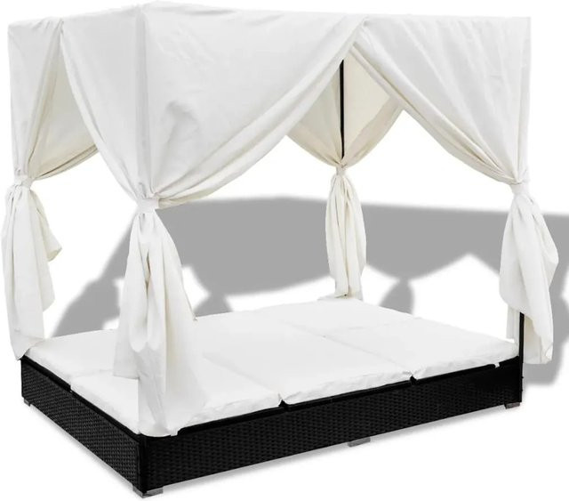 vidaXL Outdoor-Loungebett aus schwarzem PE-Rattan mit Vorhang und pulverbeschichtetem Stahlrahmen, B/T/H: 197 x 180 x 140 cm - Bild 1