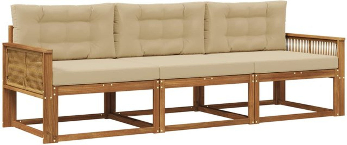 Modernes Outdoor-Sofagarnitur Set aus Akazie mit Kissen von vidaXL, 3-teilig, Natur und Beige - Bild 1