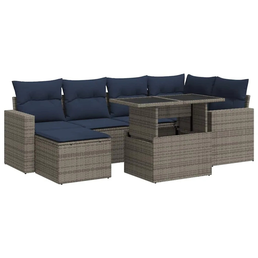 vidaXL 7-teilige Garten-Sofagarnitur aus Poly-Rattan und Akazie in Grau mit Kissen - Bild 2