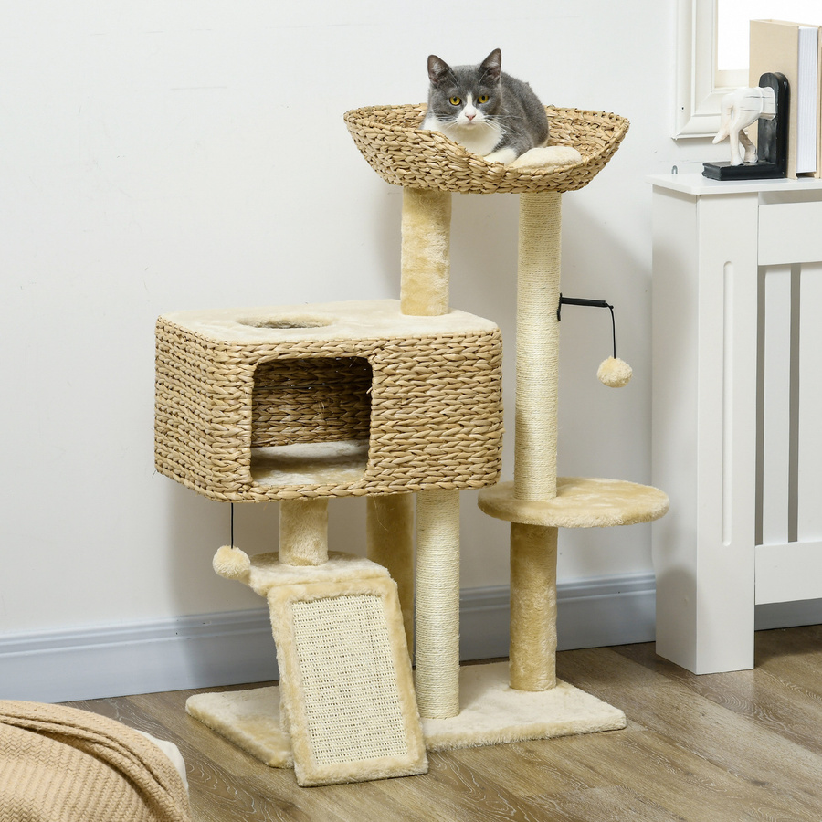 PawHut Katzen Kratzbaum Beige mit 2 Liegeflächen, Höhle und Spielball aus Sisal, Höhe: 98 cm, Aosom - Bild 2