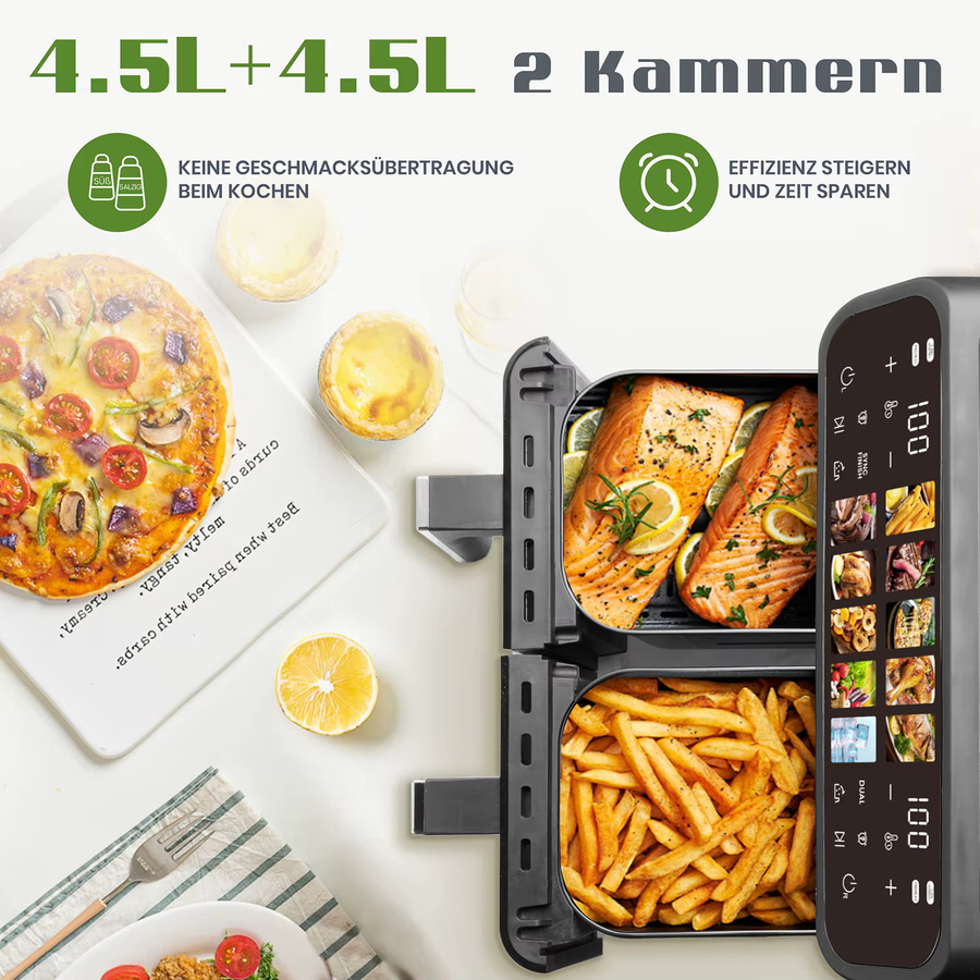 Sinaopus Elektrische Doppelkorb-Heißluftfritteuse mit 9L Volumen, Schwarz, Ölfreier Kocher mit LED-Touch-Steuerung und Sichtfenster - Bild 2