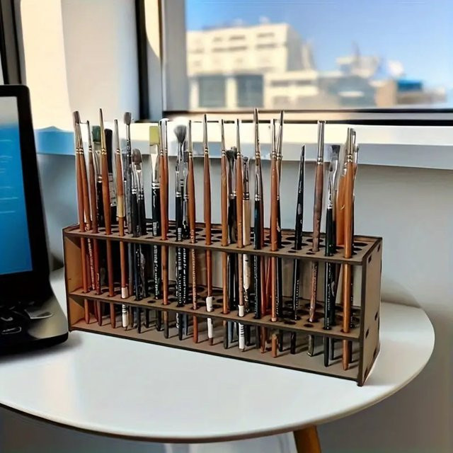 Premium Holz-Pinselhalter in Braun mit 67 Fächern als doppelschichtiger Organizer für Künstler und Kunsthandwerk - Bild 1