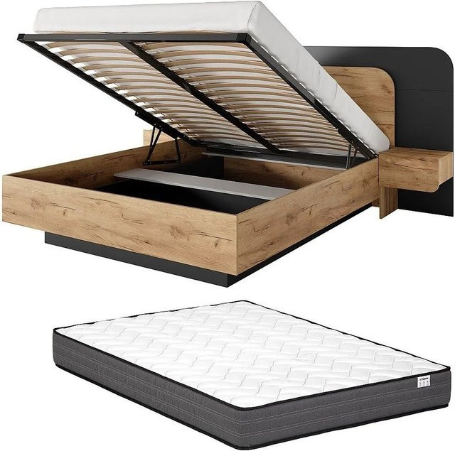 Desado Bett mit Bettkasten aus Massivholz in Anthrazitgrau und Naturfarben Hell B/T: 160 x 200 cm - Bild 1