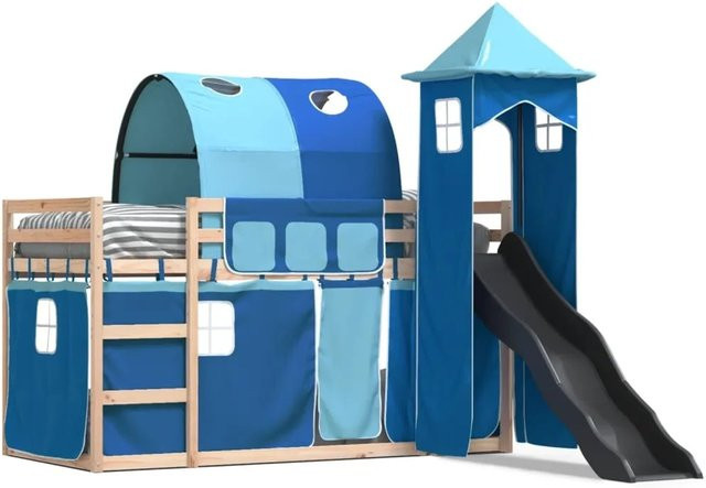 vidaXL Etagenbett für Kinder aus Kiefernholz mit Rutsche und Gardinen, Blau, B/T/H: 80 x 200 cm - Bild 1
