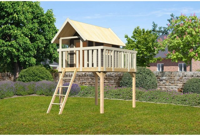 Karibu Spielturm Stelzenhaus Fidel in Natur-Braun, B/H/T: 198 x 329,5 x 243 cm - Bild 1
