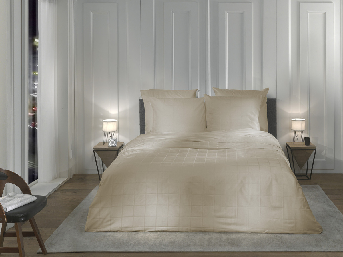 Heckett & Lane Mako-Satin Bettwäsche Diamante Mojave Sand Reversible Karo B/H: 155 x 220 cm mit 80 x 80 cm Kissenbezug - Bild 1
