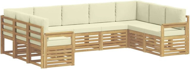vidaXL Outdoor-Sofagarnitur 7-teilig in L-Form aus Akazienholz mit Kissen, Weiß und Creme, B/T/H: 304 x 128,5 x 73 cm - Bild 1