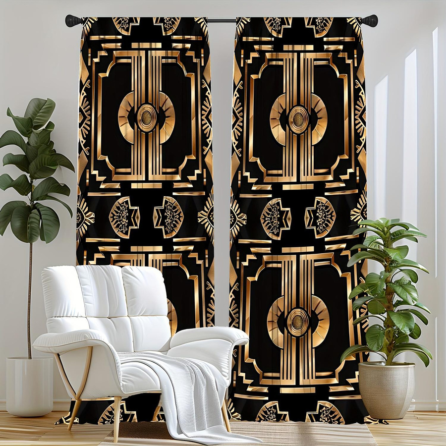 2er-Set Yiran Furniture Dekorative Vorhänge mit goldenem Muster in Schwarz-Gold, semi-transparent, B: 100 cm, H: 130 cm - Bild 3