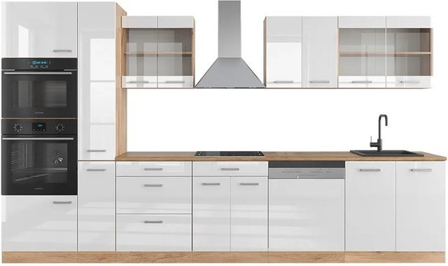 Vicco R-Line Küchenzeile Weiß Hochglanz und Goldkraft Eiche mit Hochschrank, Breite: 350 cm - Bild 1
