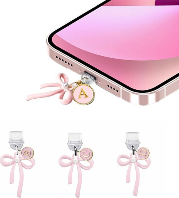 Personalisierter Staubstopfen mit rosa Schleife für USB-C-Schnittstelle als Handy-Dekoration - Bild 1
