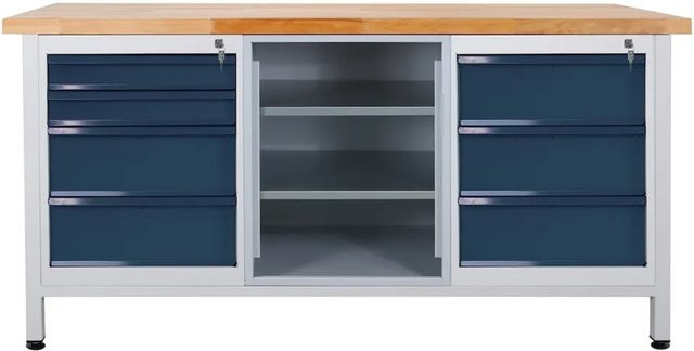 PROREGAL Werkbank Giant Rhino mit 7 Schubladen und Regalfach aus Stahl und Buche, H x B x T: 84 x 170 x 60 cm, Traglast 500 kg, Lichtgrau Anthrazitgrau - Bild 1