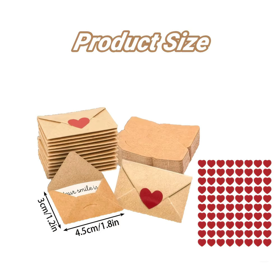 Mini-Umschläge aus Kraftpapier mit Herz-Aufklebern in Braun für Valentinstag und Liebesbriefe, 30 Stück - Bild 2