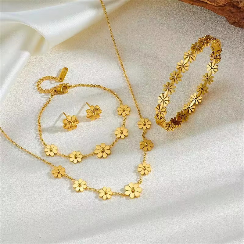 Ganemly Schmuck-Set, Edelstahl, Gold, Gänseblümchen, Damen - Bild 2