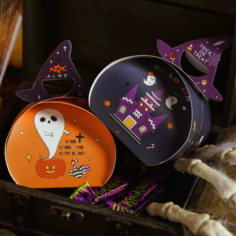 10 Stück Halloween Candy Box mit Cartoon Geist und Kürbis als leere Party Snack Verpackung aus Papier in Orange - Bild 2