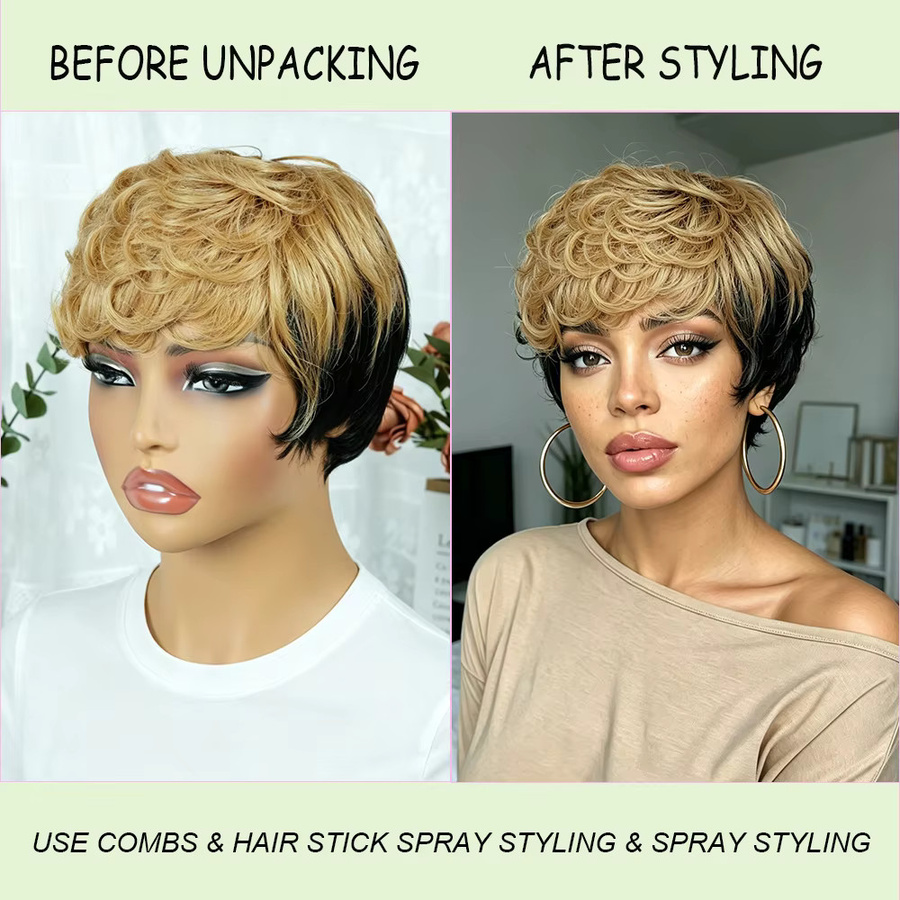 OYM HAIR Afro Kinky Curly Bob Perücke, Echthaar, Schwarz Champagnerfarben, mit Pony - Bild 2