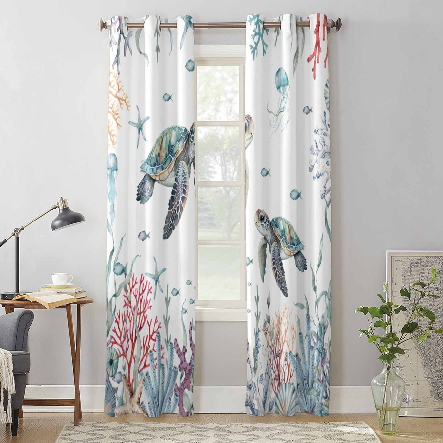 Semi-transparente Fenstergardinen mit Meeresleben Korallen und Meeresschildkröten Design für Wohnzimmer, Schlafzimmer und Küche, Breite: 135 cm, Höhe: 60 cm - Bild 1