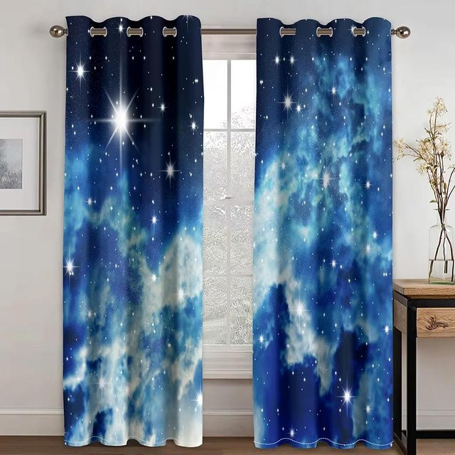 2er-Set Moderne Galaxie Sternen Vorhänge in Blau mit Rod Pocket, Breite: 60 cm, Höhe: 100 cm - Bild 1