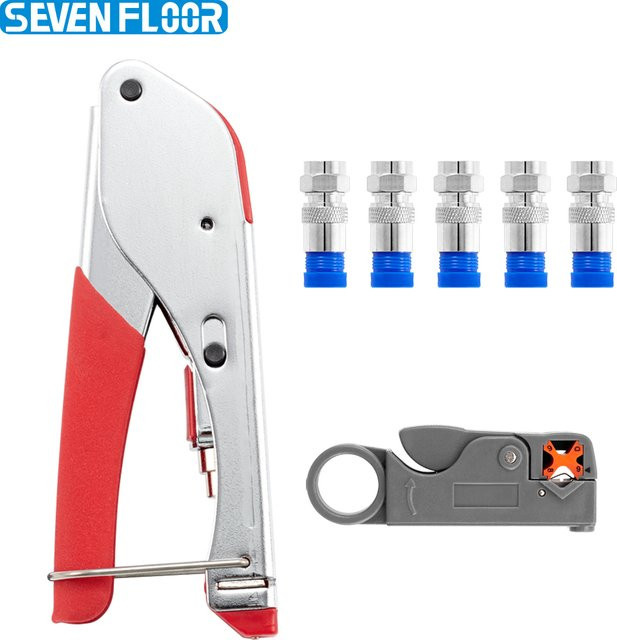 Seven Floor Koaxialkabel-Crimper-Set mit einstellbarem Kompressionswerkzeug für RG6 und RG59 inklusive Koaxialkabel-Abisolierer und 5 F-Anschlüssen - Bild 1