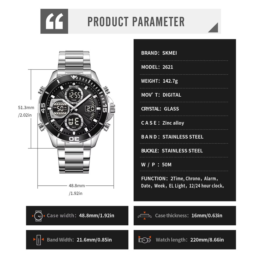 SKMEI Armbanduhr, Digitaluhr, Quarz, Edelstahl, Chronograph, Herren - Bild 4