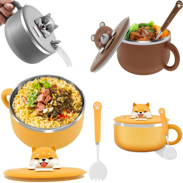 Willstar Ramen-Schüssel aus Edelstahl mit Abflussfunktion, tragbare Instant-Nudelschüssel und Lunchbox, Silber und Gelb - Bild 1