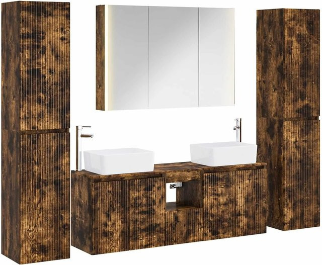 6-teiliges modernes Badezimmermöbel-Set von vidaXL in Geräucherte Eiche, bestehend aus Waschtischunterschrank, Spiegelschrank mit LED-Beleuchtung und Wandunterschrank, braun matt - Bild 1