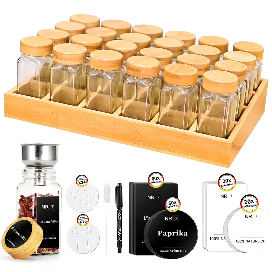 SAEIV Gewürzglas-Set mit Bambusregal aus transparentem Hochborosilikatglas inklusive Etiketten und Marker für deine Küchenorganisation - Bild 3