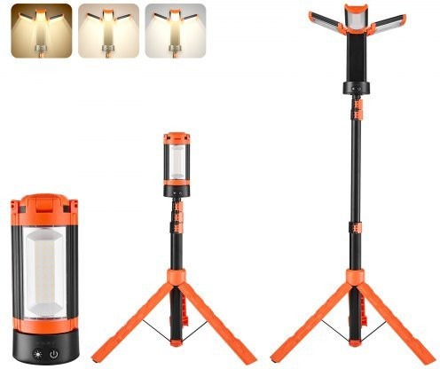 VEVOR LED Arbeitsleuchte mit Stativ, Akkubetrieben, 2200 Lumen, Dimmbar, 3 Lampenköpfe, Verstellbare Farbtemperatur 3000K-6500K, Tragbare Baustellenbeleuchtung und Campinglicht - Bild 1