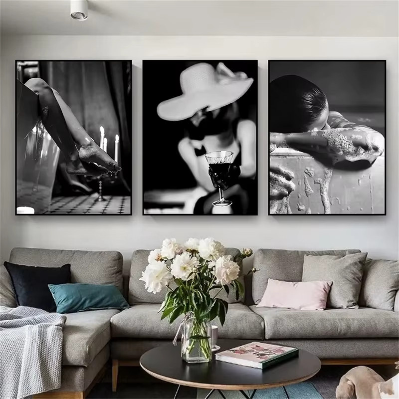 Potdemiel Vintage Wandkunst Leinwand Poster Schwarz-Weiß mit Motiv einer Frau in der Badewanne für deine Badezimmer Dekoration - Bild 2