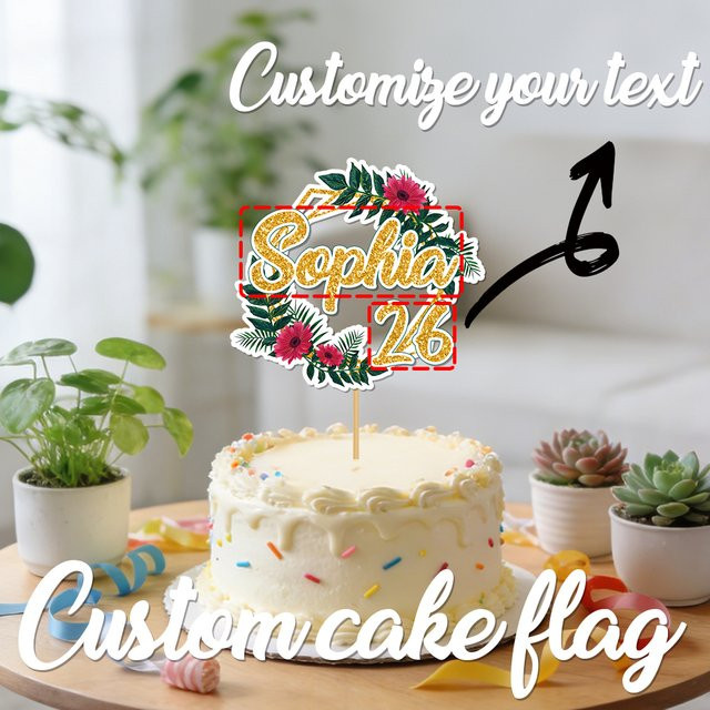 Personalisierte Sommer-Kuchendekoration von Cyuan mit Blumen und Grün, anpassbar mit Namen und Alter, bunt, aus Papier - Bild 1