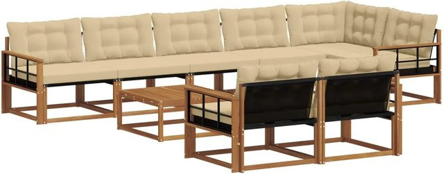 vidaXL Outdoor-Sofagarnitur 9-teilig aus massivem Akazienholz mit Textilene und Kissen in Natur und Beige - Bild 1